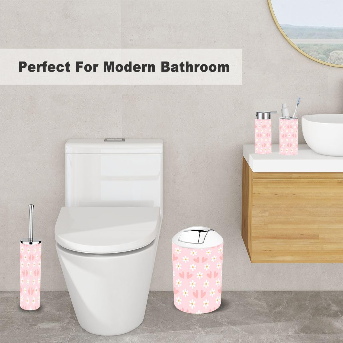 6 Piece Bathroom Accessory Set with Daisies and Hearts Print