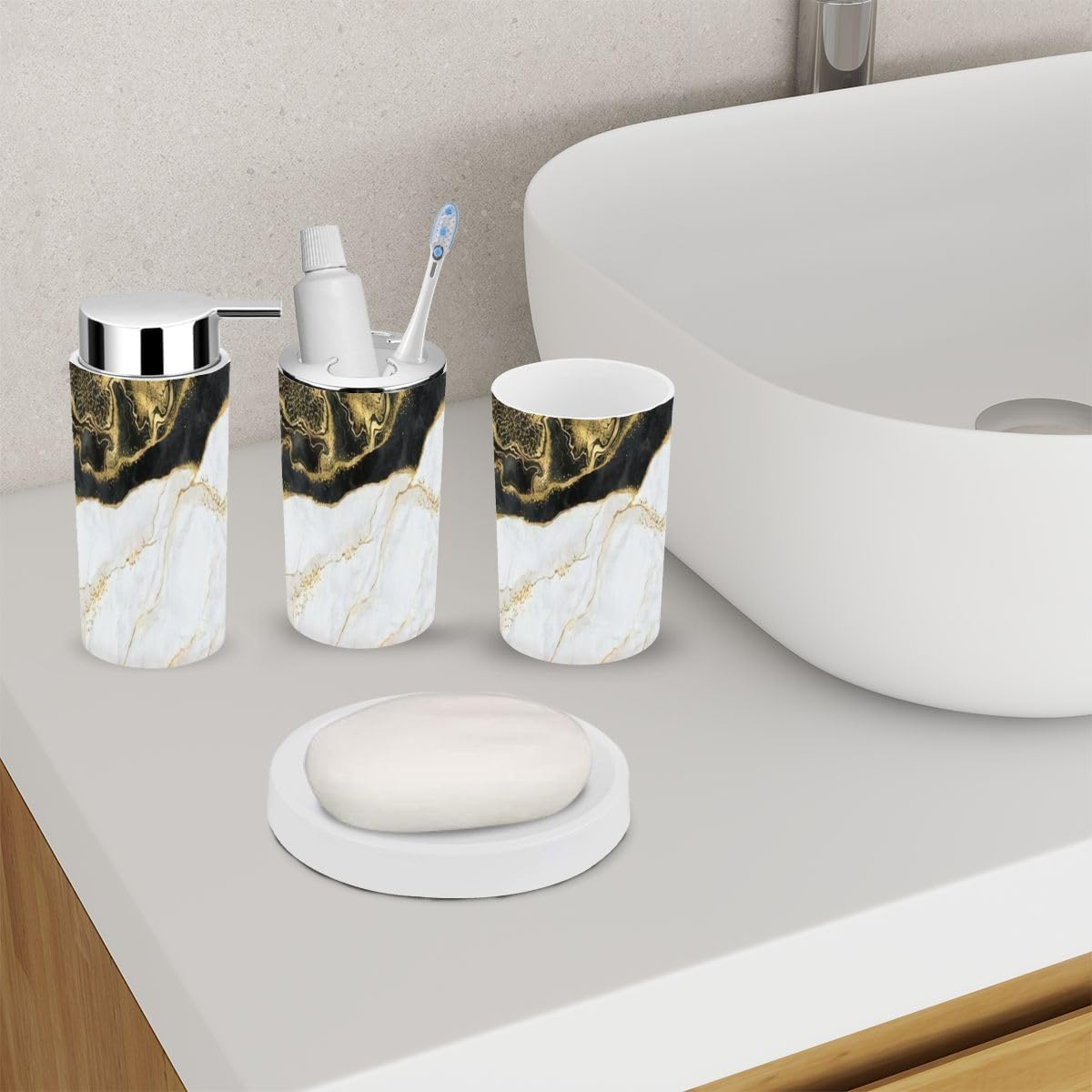 Modern 6-Piece Bathroom Accessory Set with Marble Design