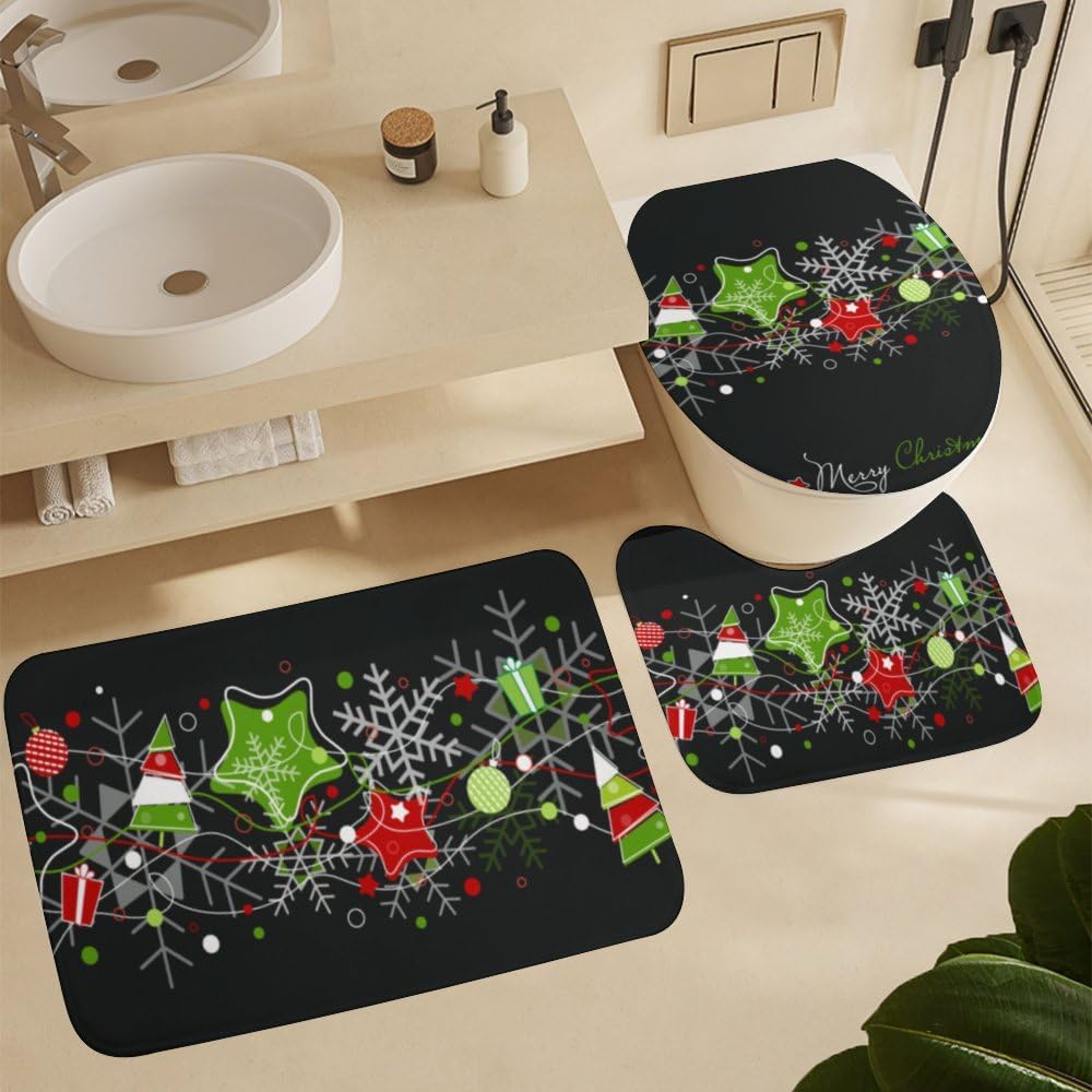 Kuizee 4-Piece Shower Curtain Set with Rugs Christmas Stars Snowflakes