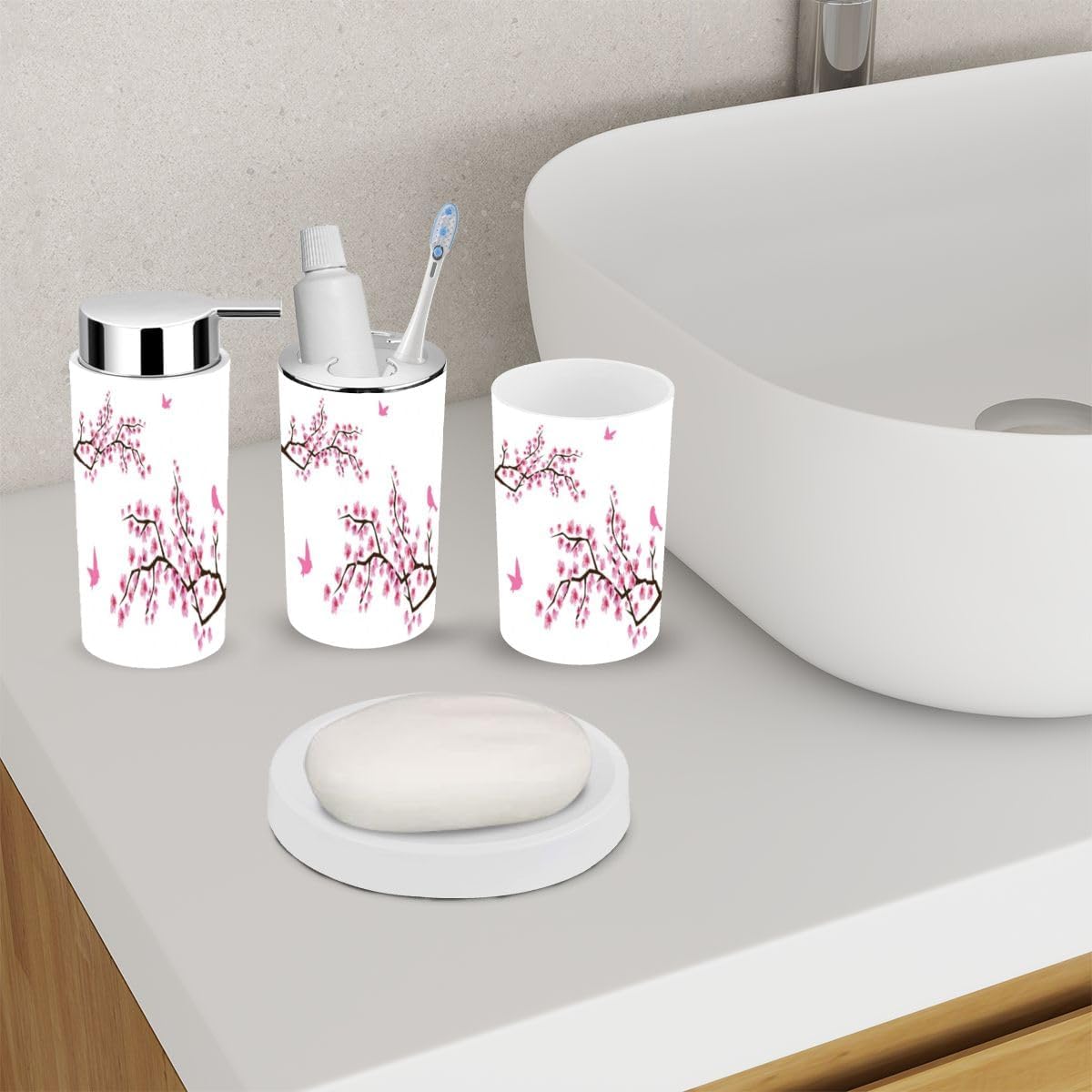 Cherry Blossom Birds Bathroom Accessories Set 6 Piece
