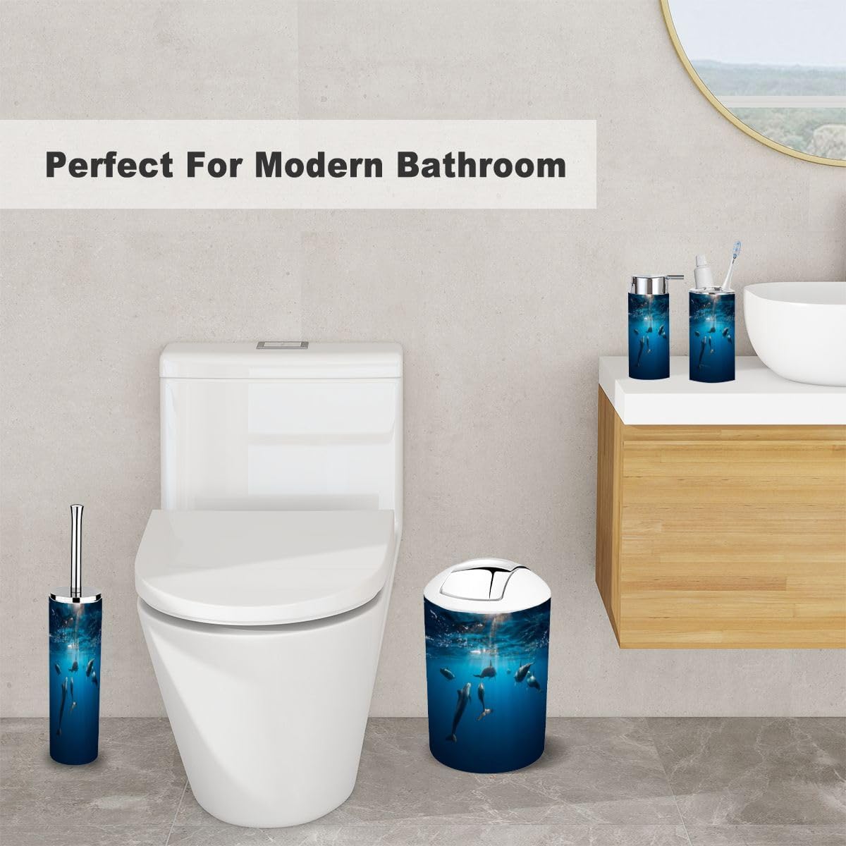 Underwater Blue Ocean Spinner Dolphins Bathroom Set 6 Piece