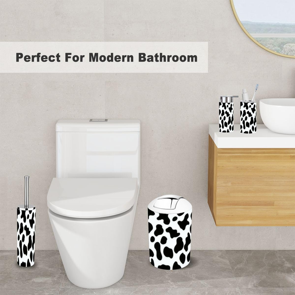6-Piece Bathroom Accessory Set with Milk Cow Skin Pattern