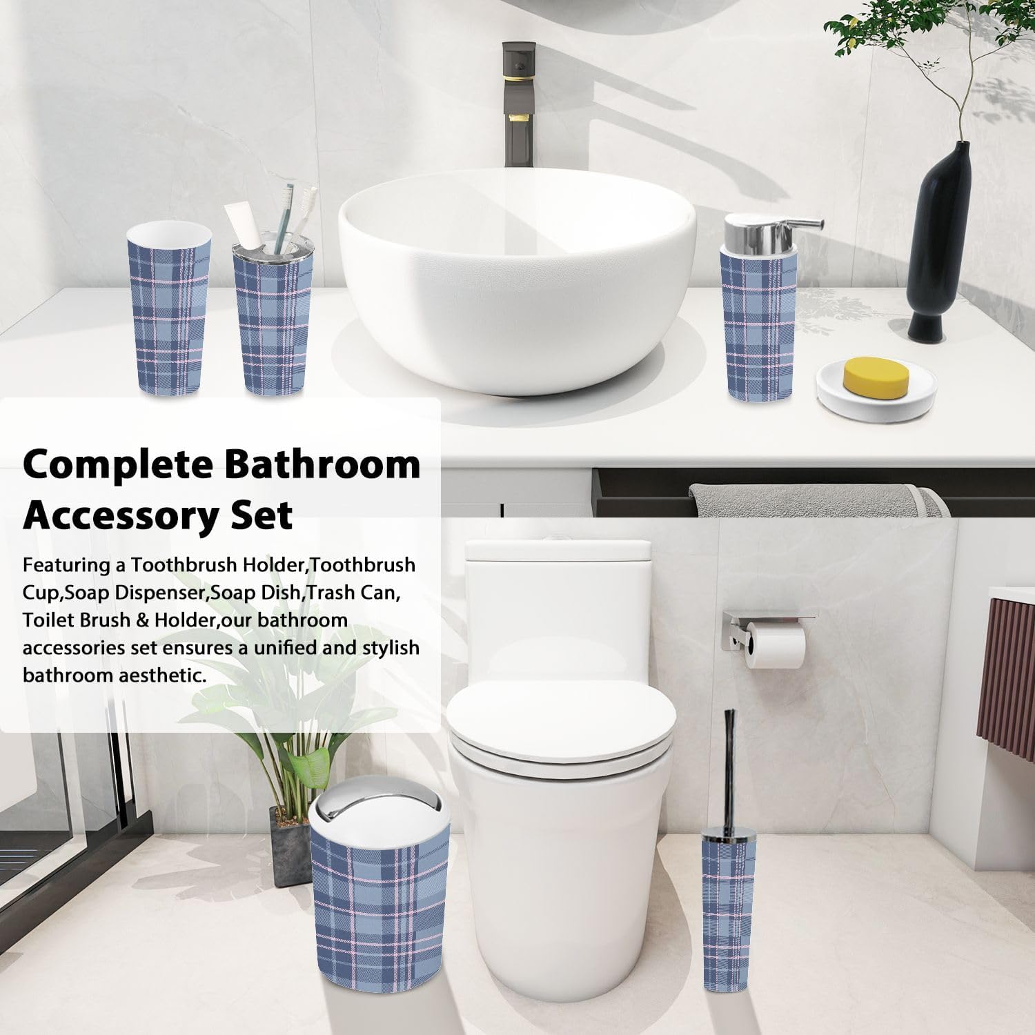 Boho Plaid Bathroom Accessories Set of 6