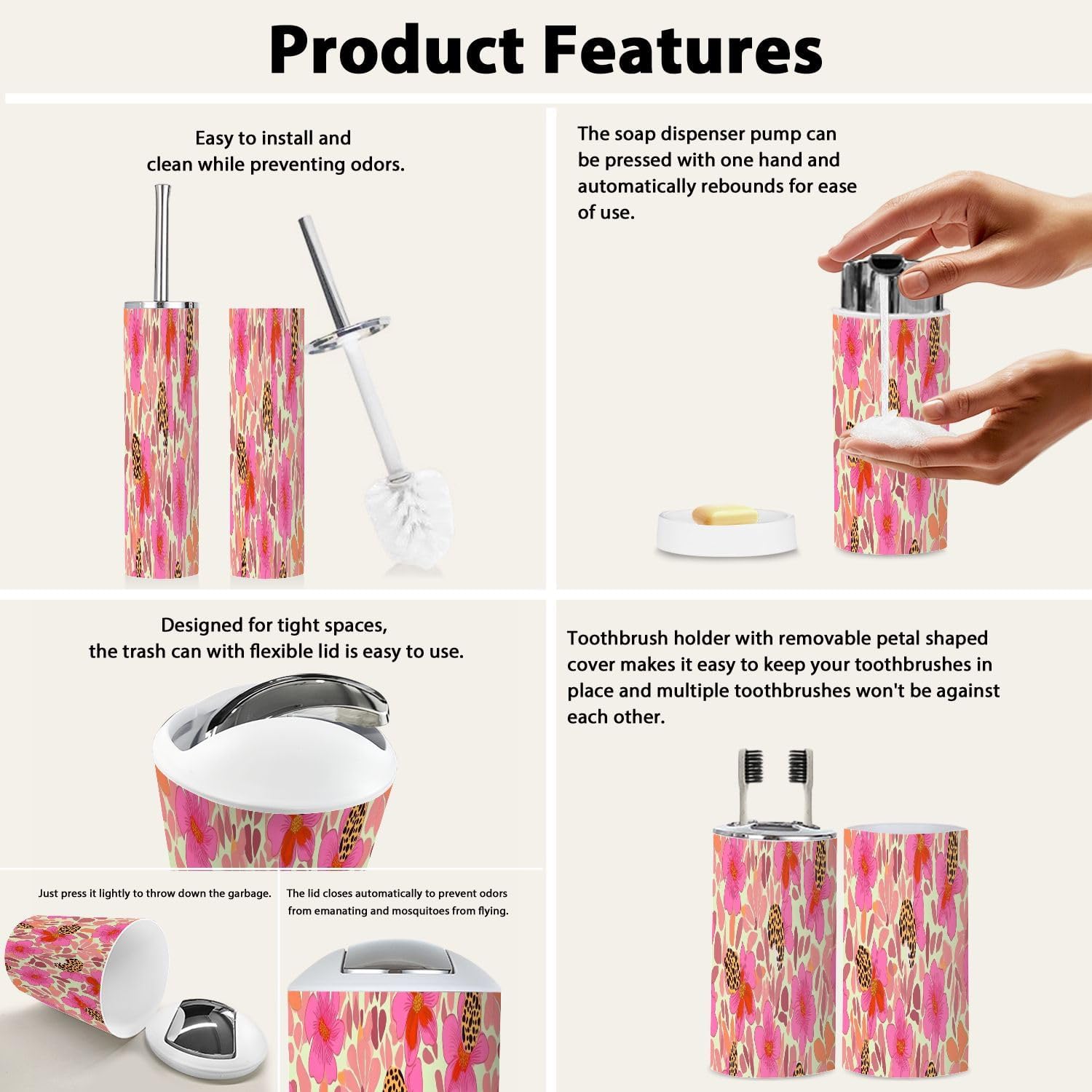 Boho Exotic Floral Bathroom Accessory Set of 6