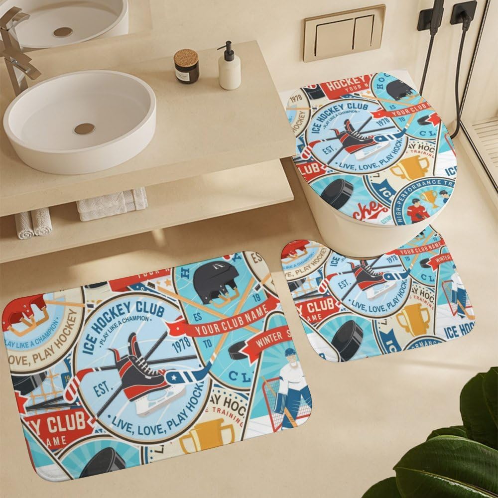 Kuizee 4 Piece Ice Hockey Shower Curtain Set with Non-Slip Rugs