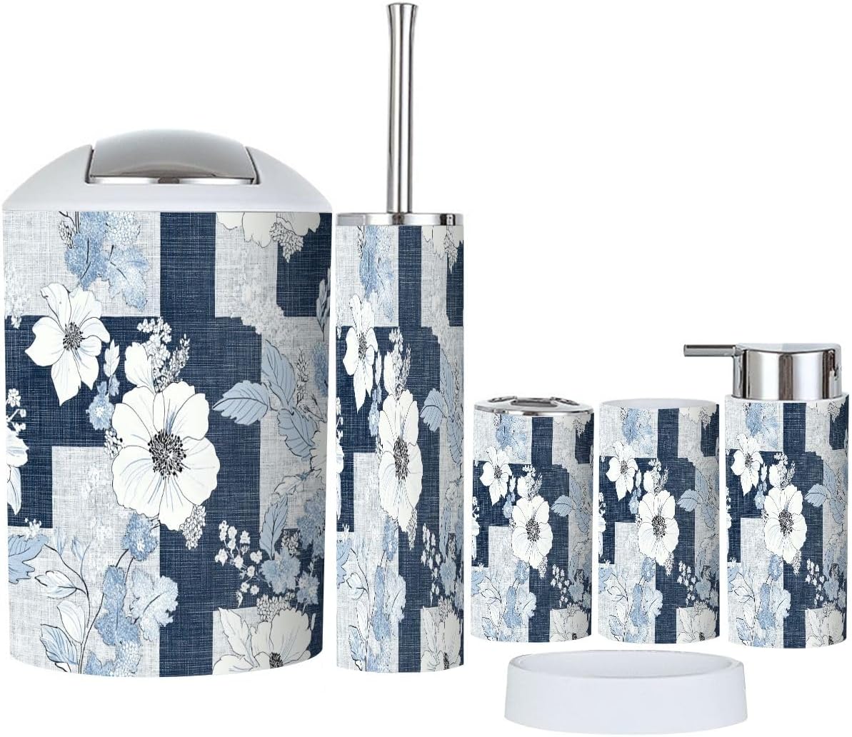 Boho Denim Patchwork Trash Can and Bathroom Accessories Set
