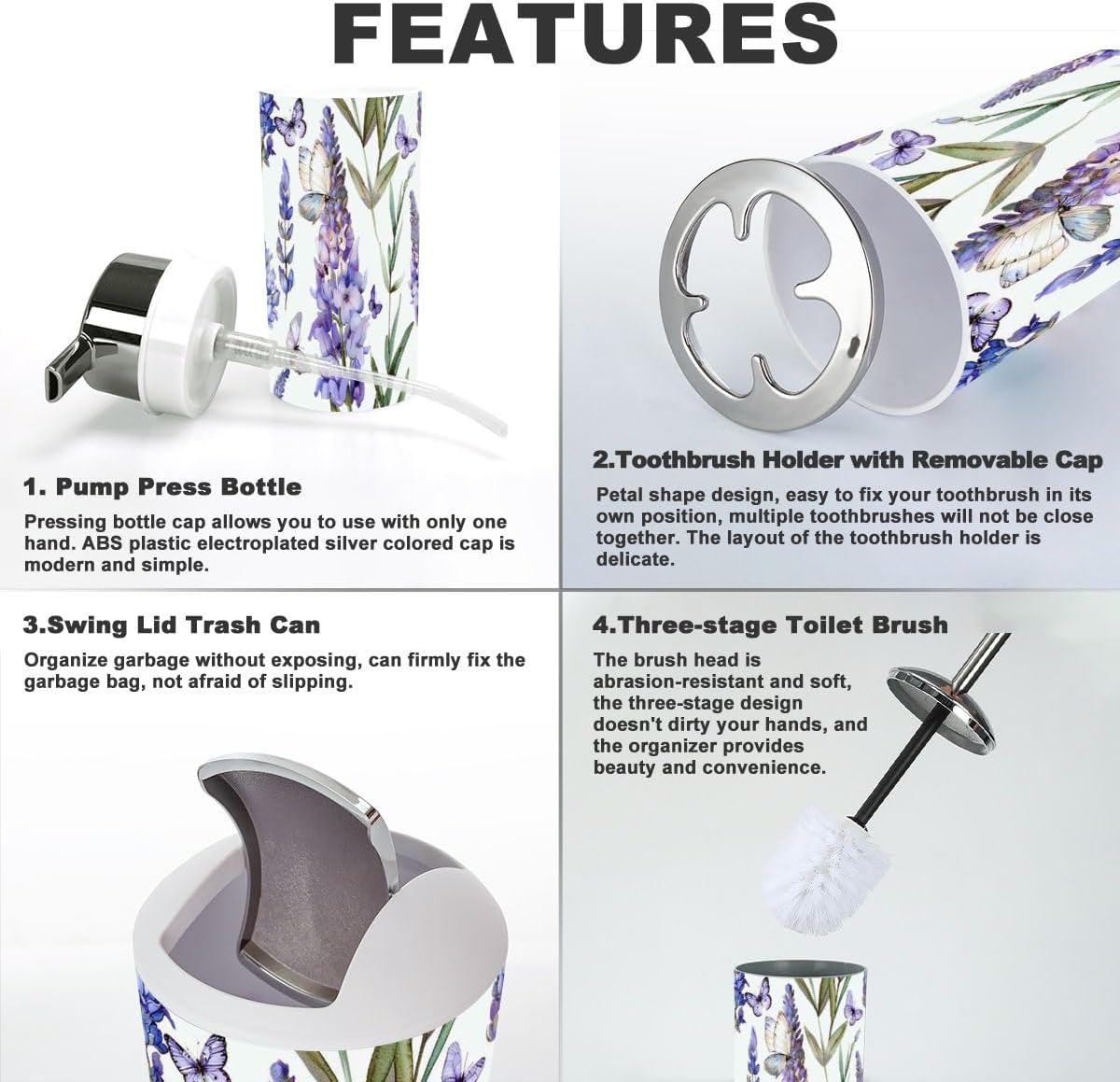 6 Piece Bathroom Accessory Set with Butterfly Lavender Design