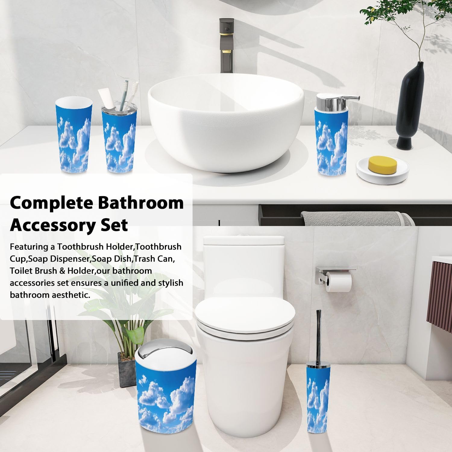 Boho Bathroom Accessory Set 6 Piece Clouds Blue Sky