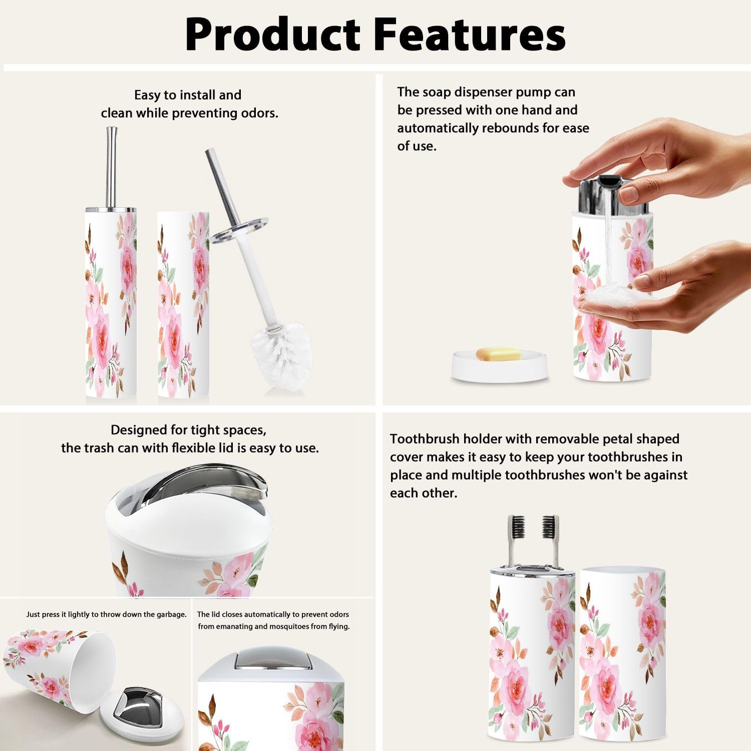 Boho Peach Rose Flower Bathroom Accessory Set 6 Piece