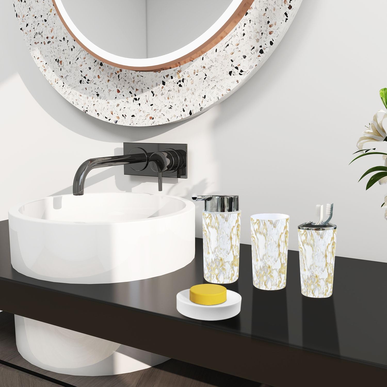 Boho Marble Gold Texture Bathroom Accessory Set of 6 1