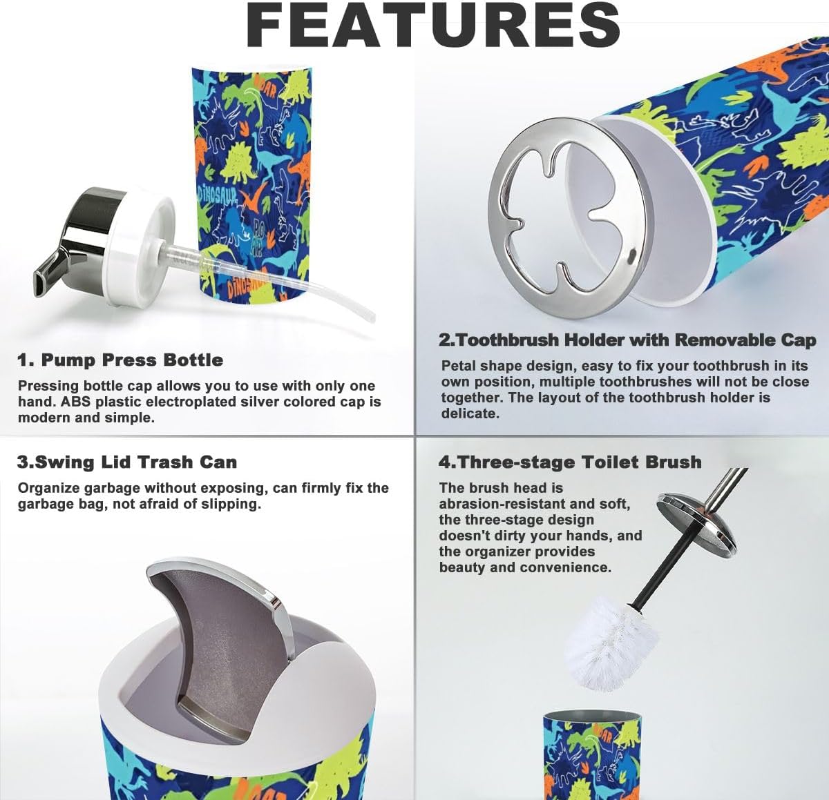 6 Piece Bathroom Accessory Set with Dinosaur Print 1