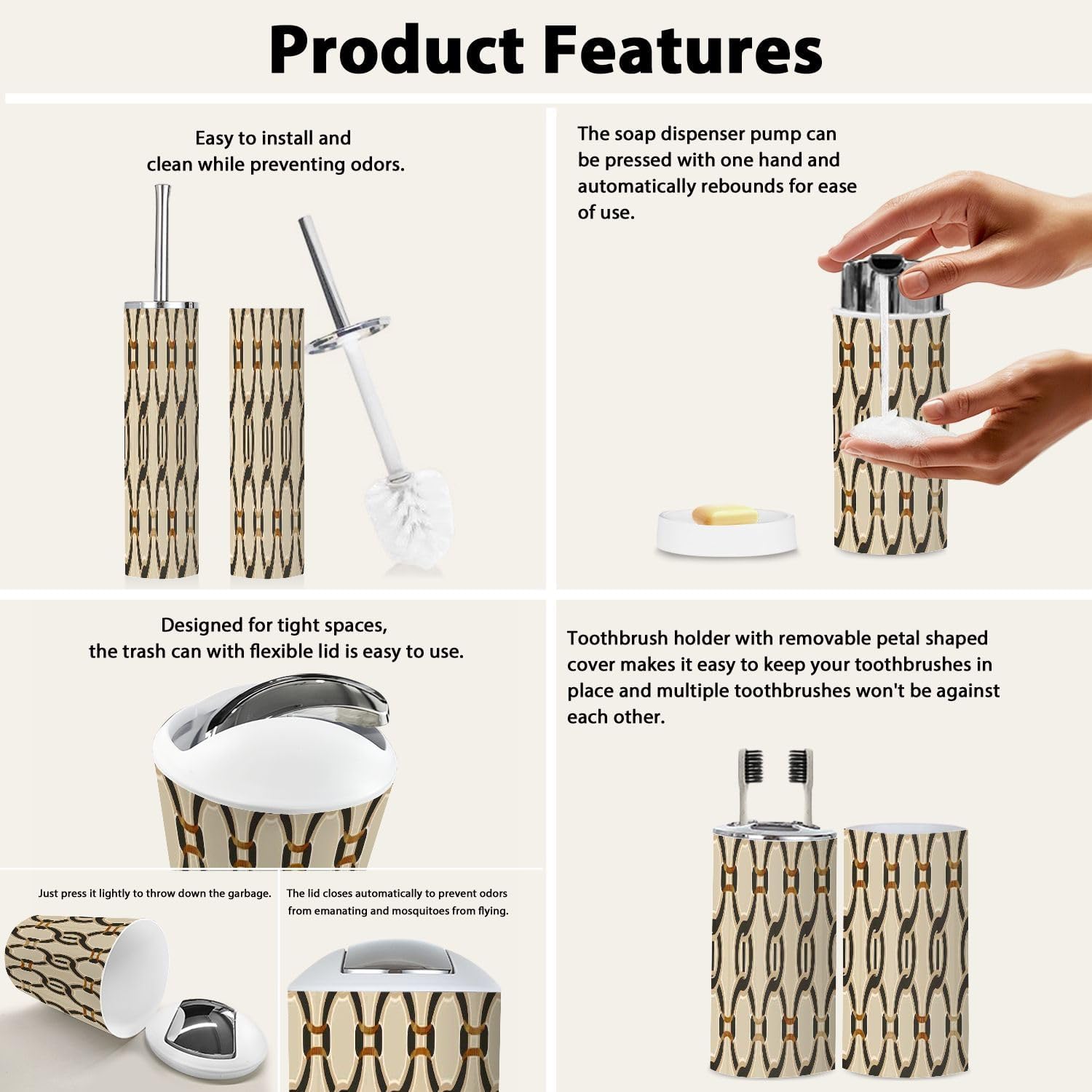 Boho Bathroom Accessory Set 6 Piece Beige