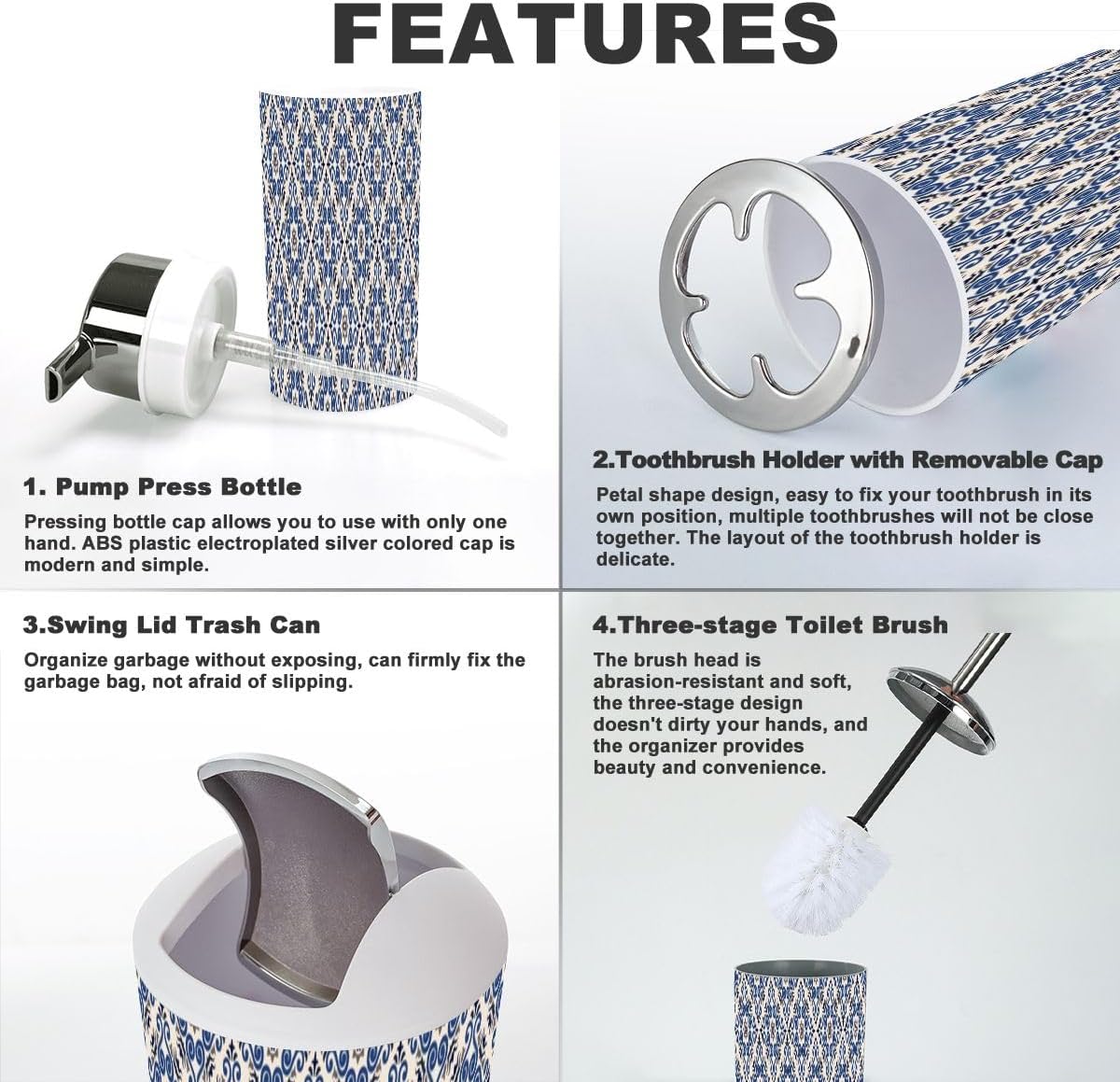 6 Piece Bathroom Accessory Set with Damask Floral Design