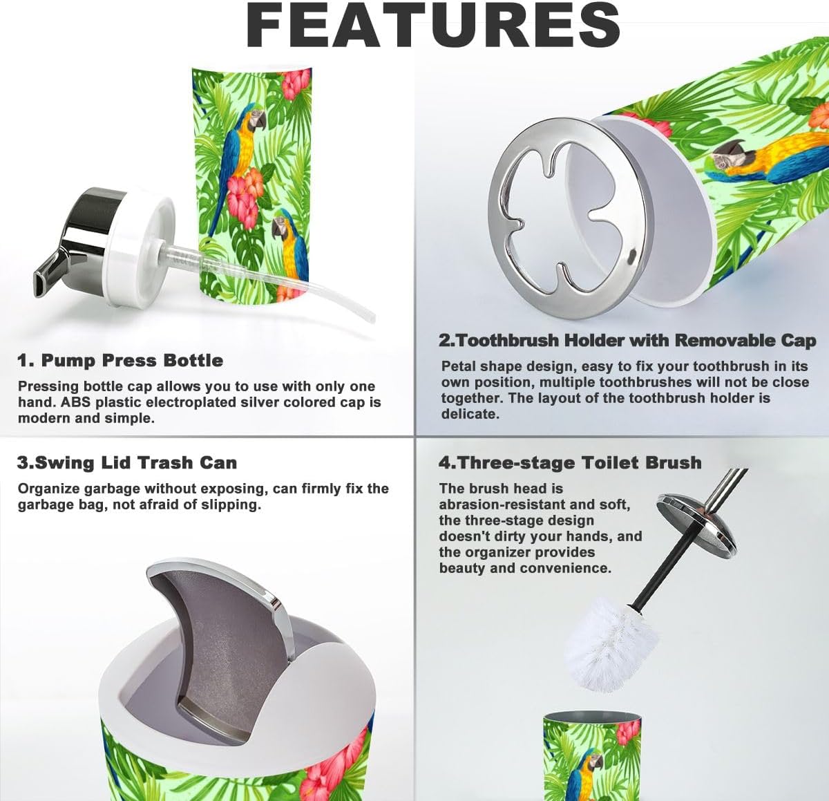 Tropical Floral Pattern Bathroom Accessories Set of 6