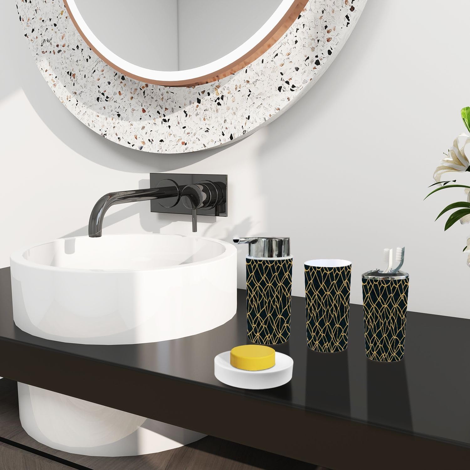 Boho Bathroom Accessory Set 6 Piece Blue Black Gold 1