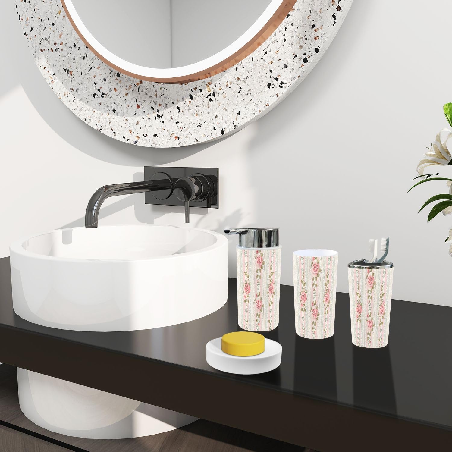 Boho Floral Striped Bathroom Accessory Set 6 Piece 1