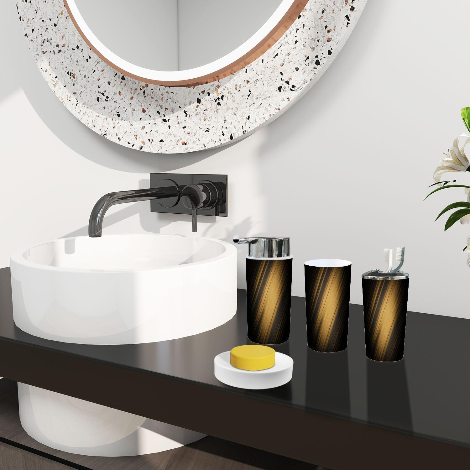 Boho Bathroom Accessory Set 6 Piece Black Gold Texture