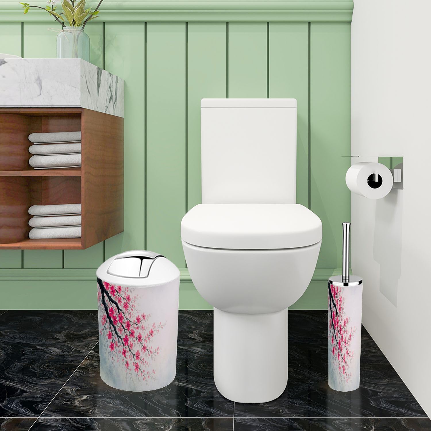Boho Spring Cherry Blossom Bathroom Accessory Set 6 Piece