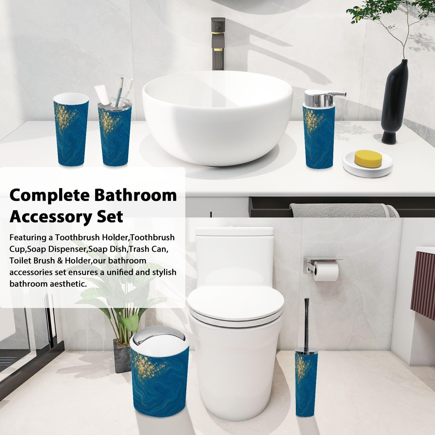 Boho Blue Gold Marble Bathroom Accessory Set 6 Piece