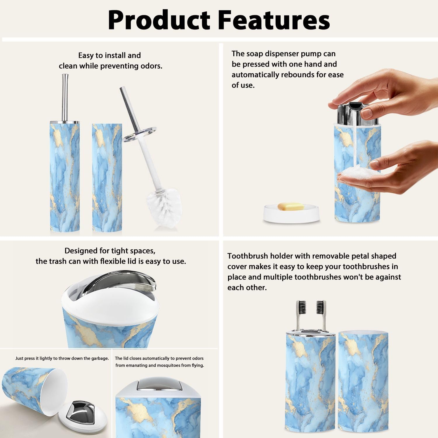 Boho Gold Ink Marble Bathroom Accessory Set 6 Piece