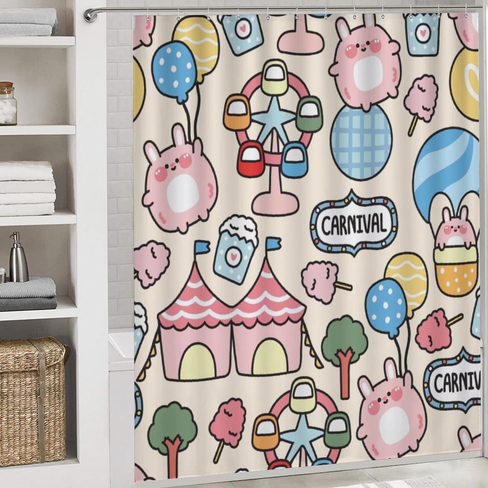 Kuizee Cute Fat Rabbit Shower Curtain Set with 4 Rugs