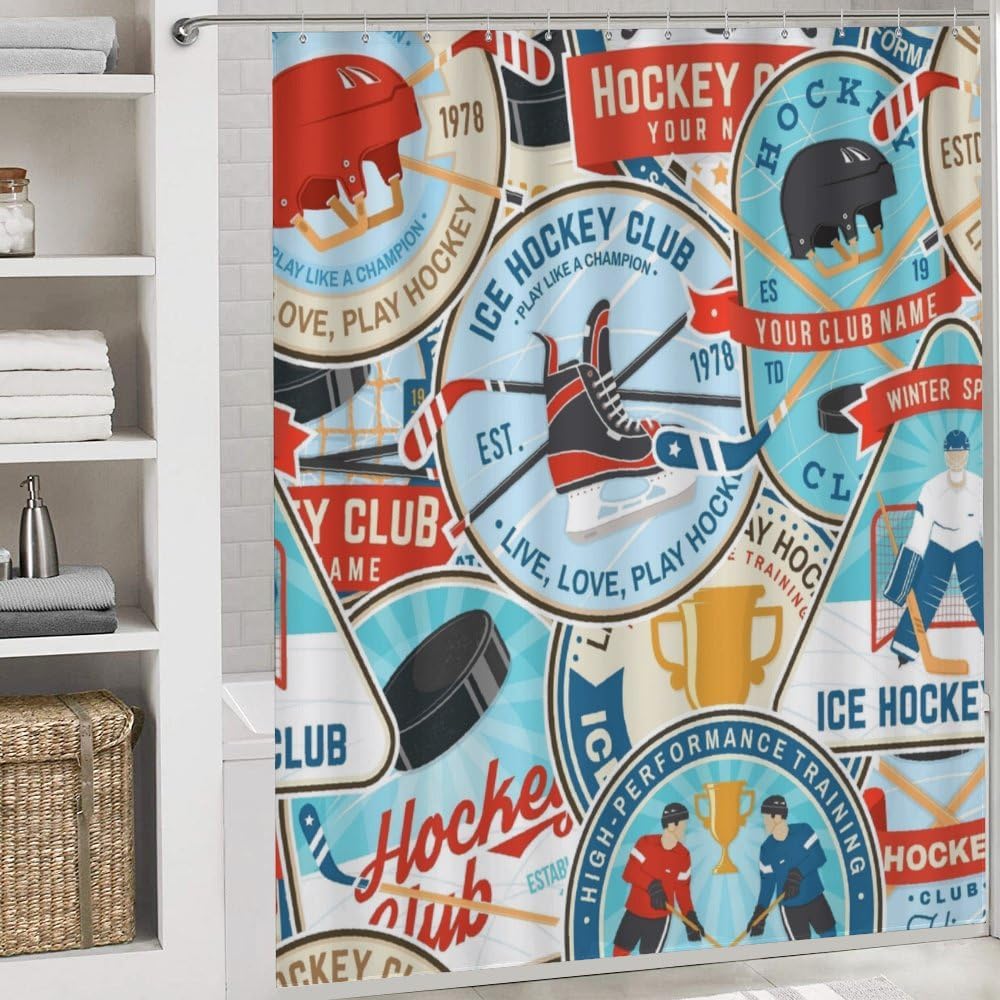 Kuizee 4 Piece Ice Hockey Shower Curtain Set with Non-Slip Rugs