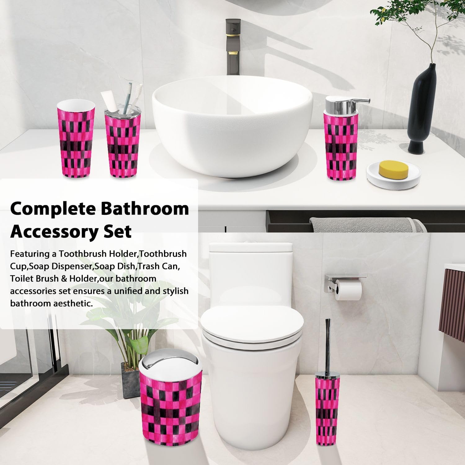 Boho Checkered Bathroom Accessories Set 6 Piece