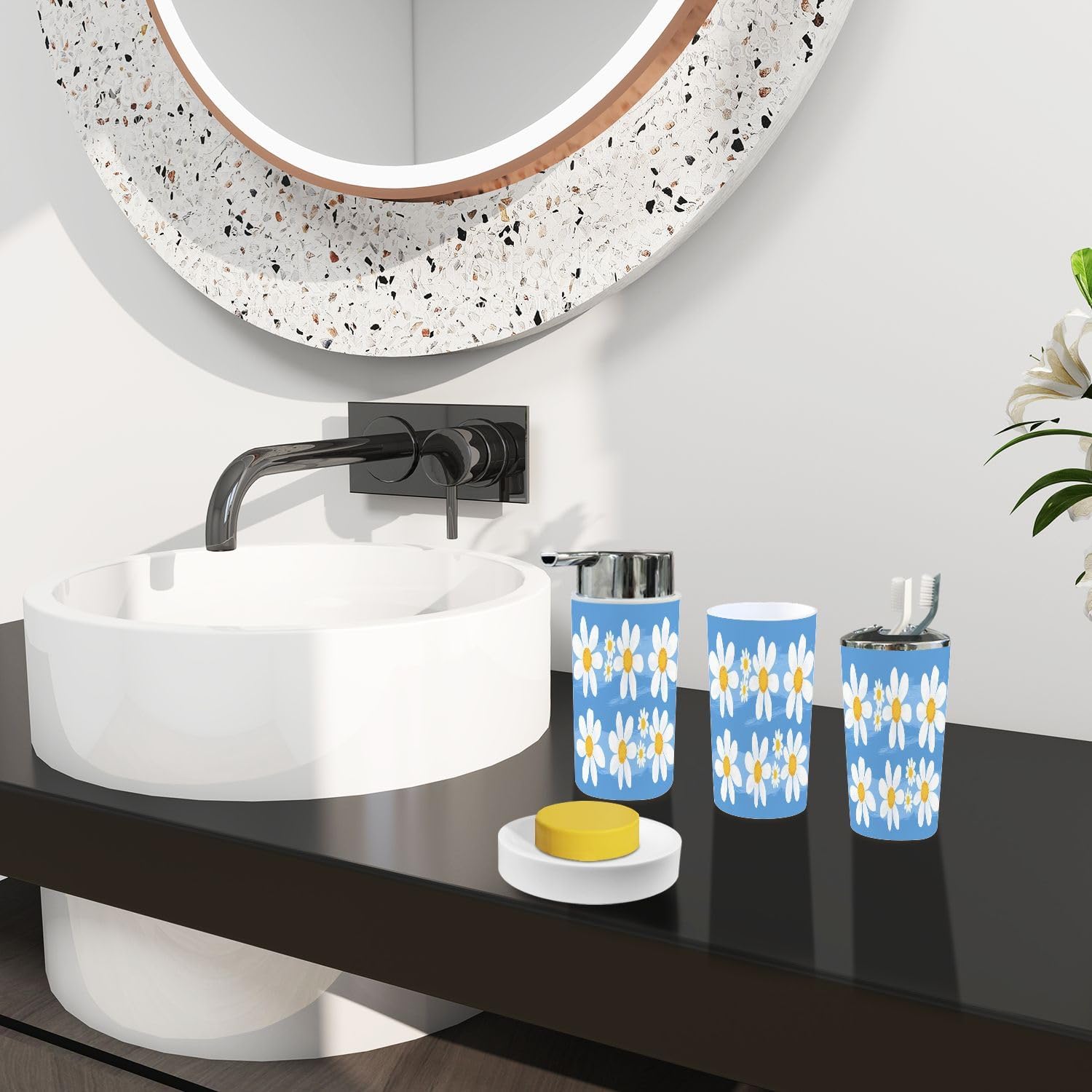 Boho Bathroom Accessory Set 6 Piece White Daisy Design