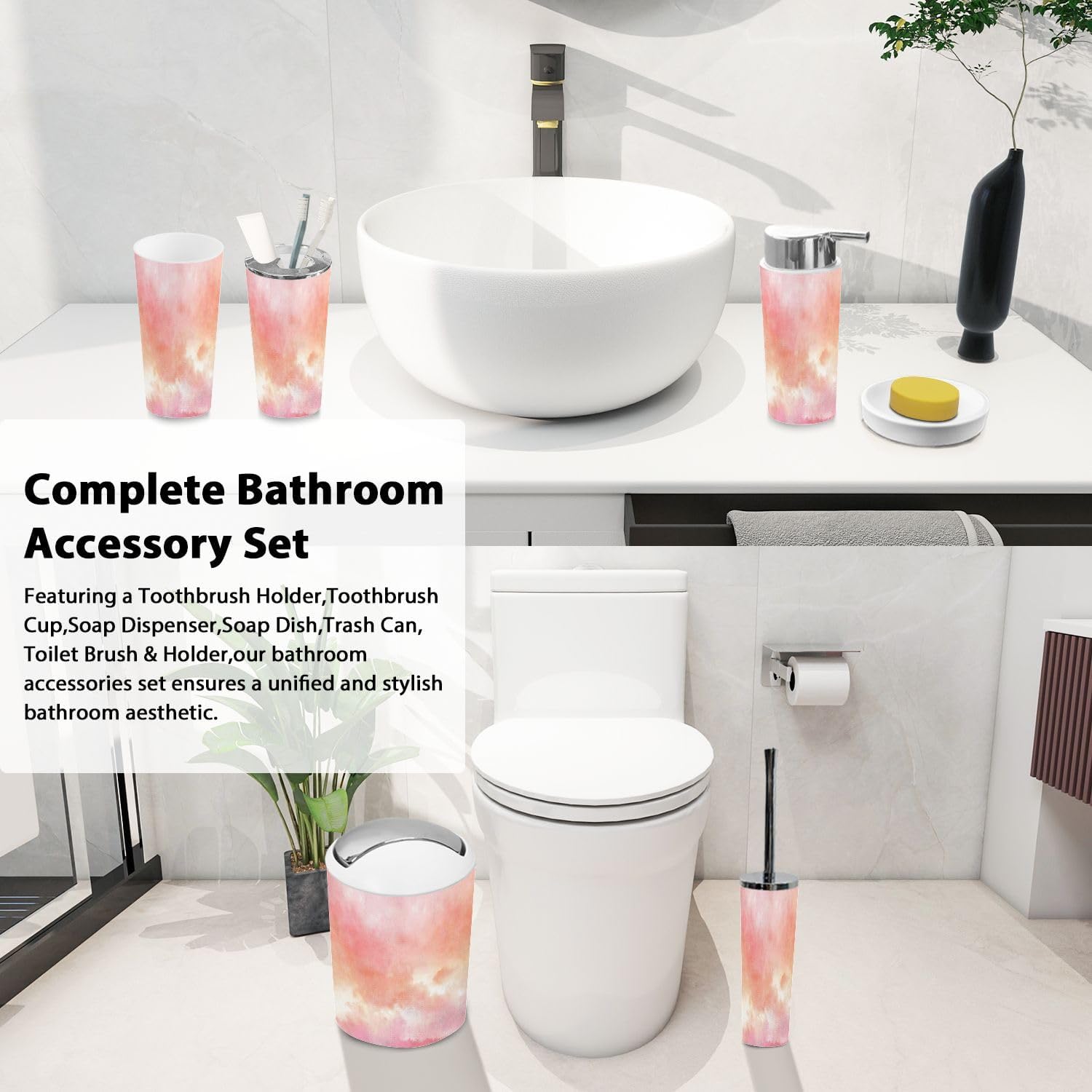 TRANQDEHOM 6 Piece Boho Trash Can and Bathroom Accessories Set