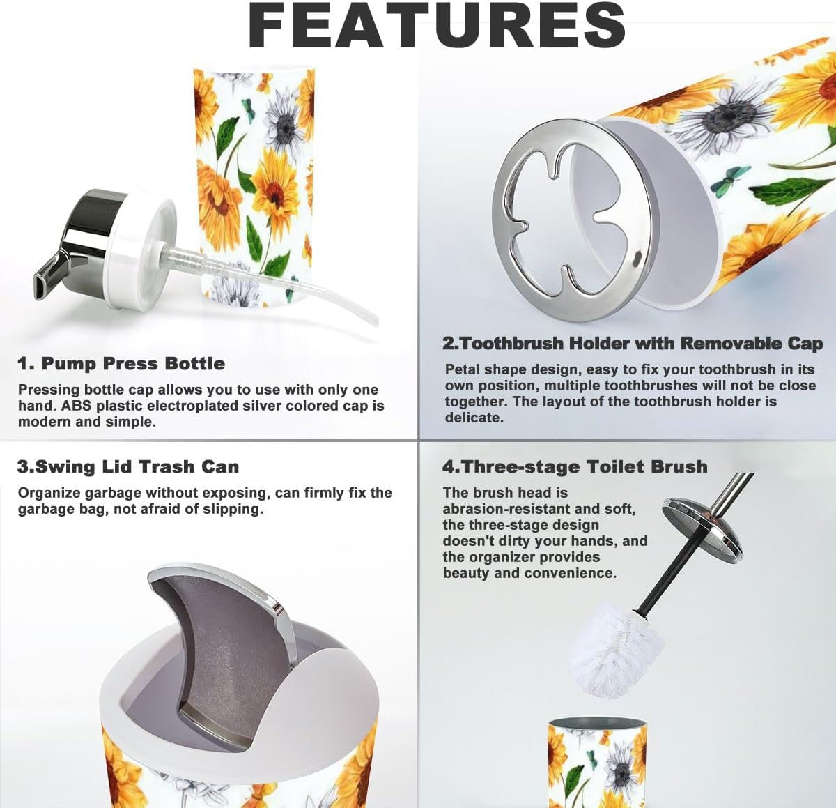 6 Piece Bathroom Accessory Set with Sunflowers and Butterflies Design