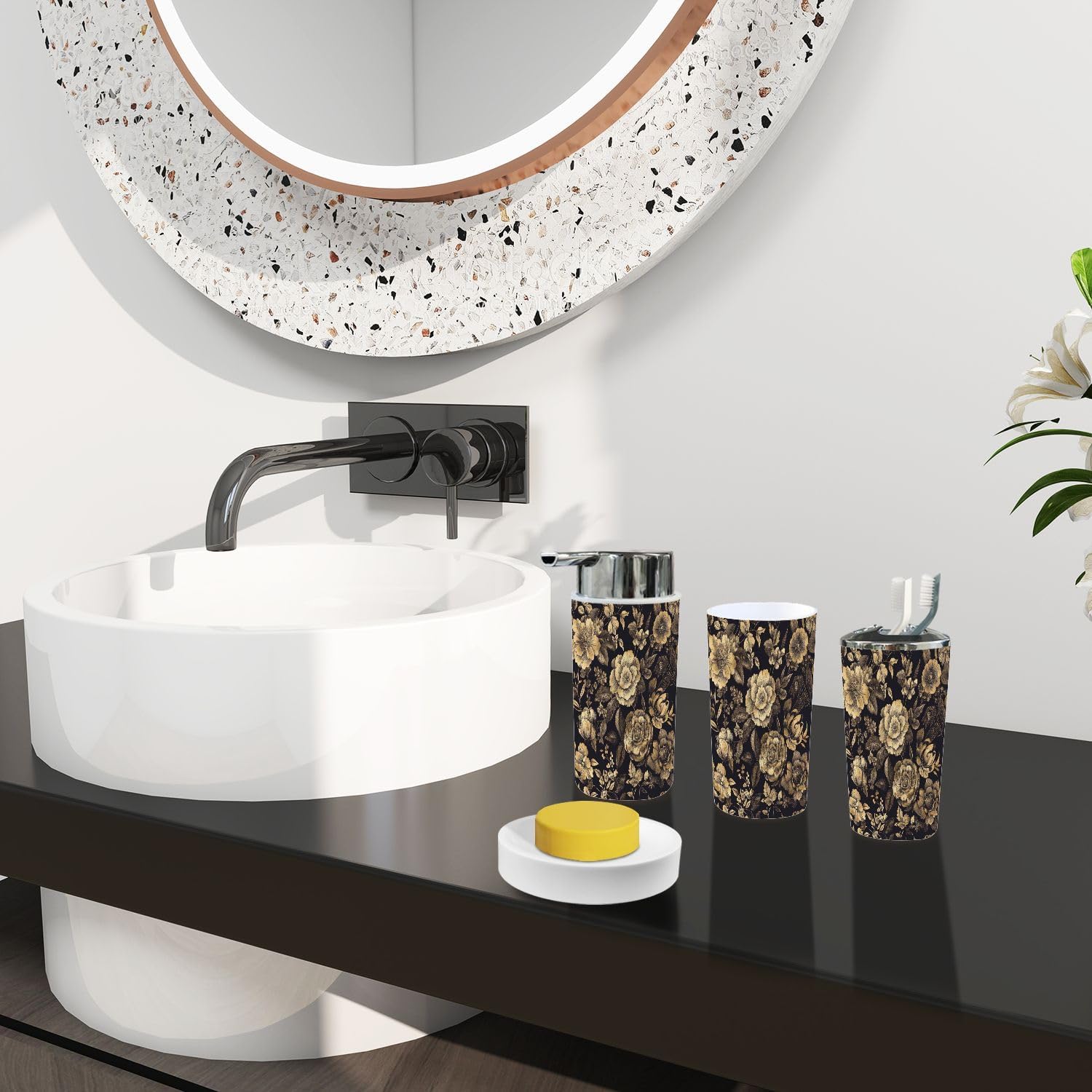 Boho Bathroom Accessory Set 6 Piece Black Gold Print 1