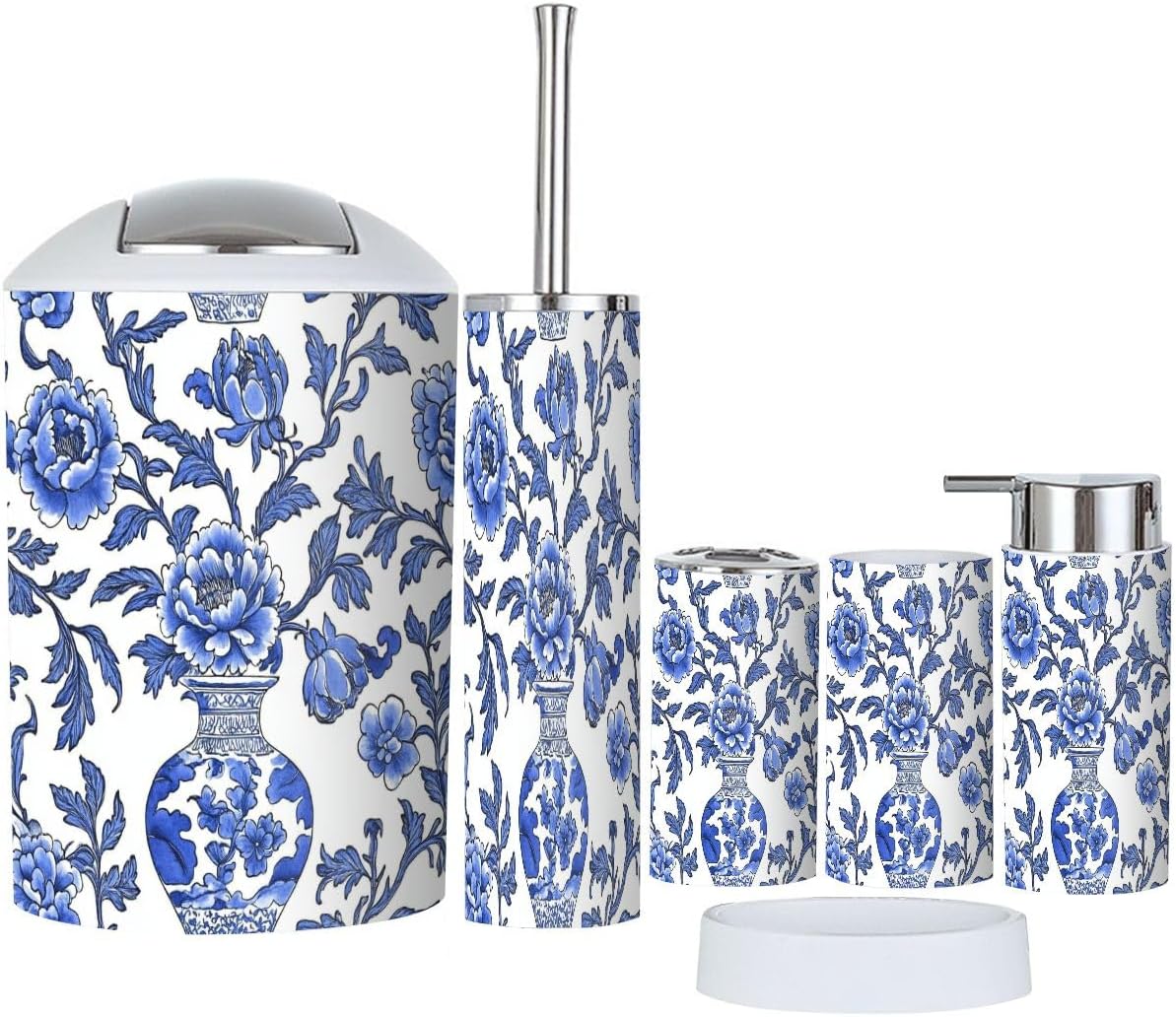 Boho Bathroom Accessory Set 6 Piece Japanese Blue