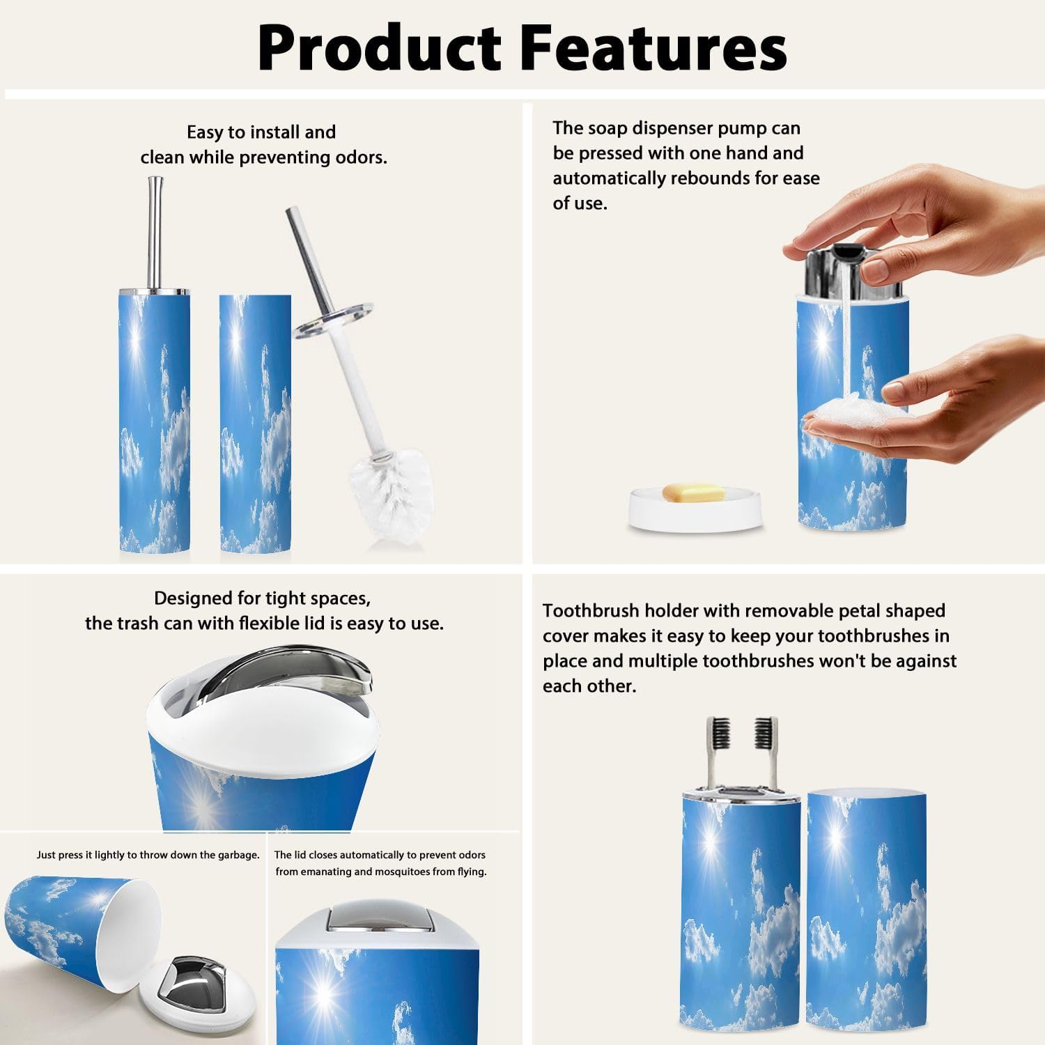 TRANQDEHOM 6-Piece Boho Blue Bathroom Accessory Set