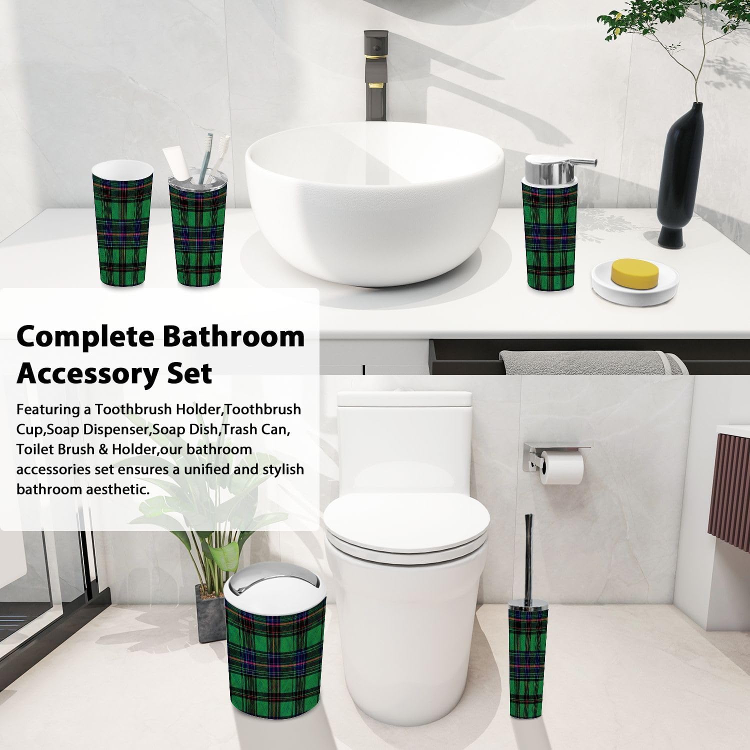 Boho Scottish Tartan Bathroom 6-Piece Accessory Set