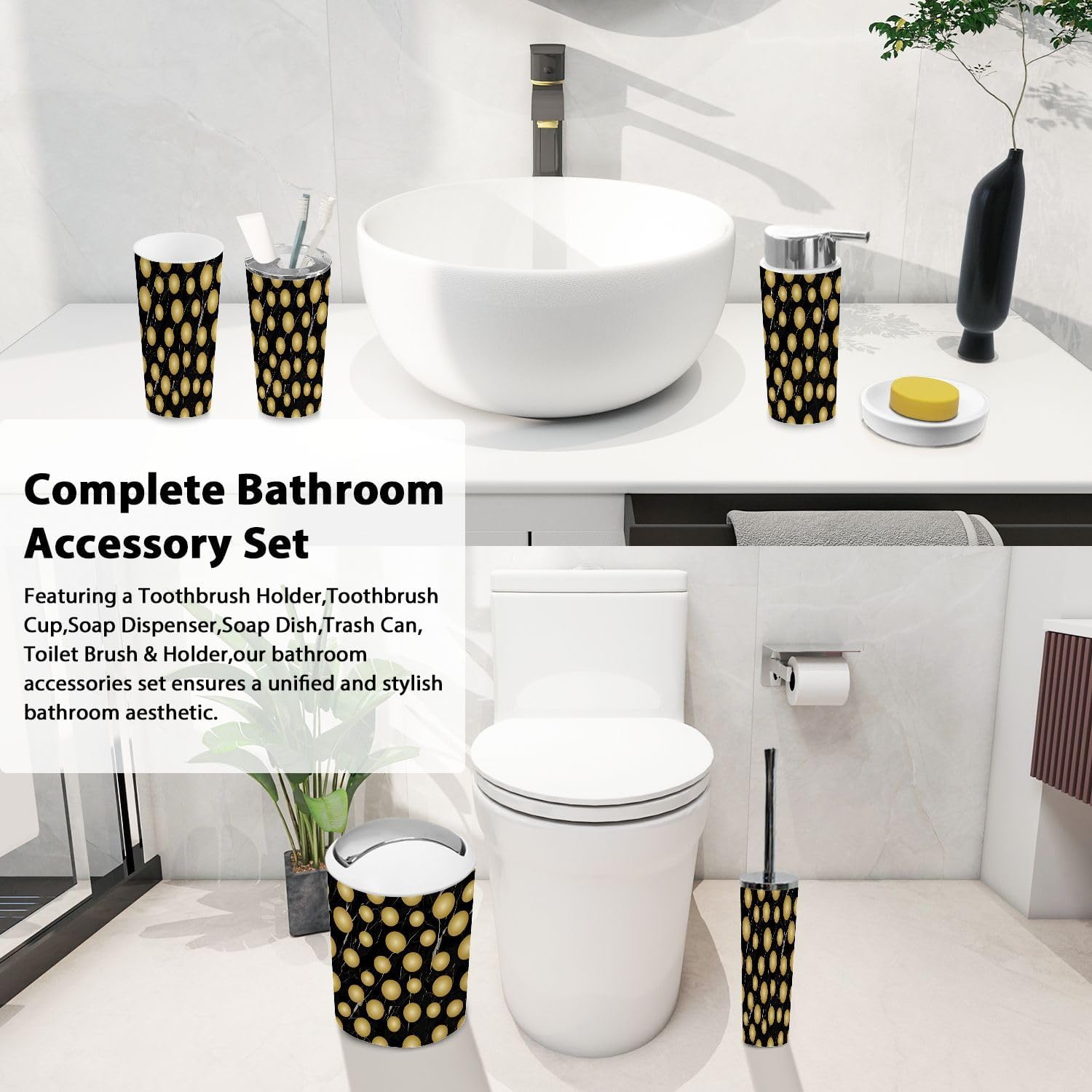 Boho Bathroom Accessories Set 6 Piece Gold Polka Marbling