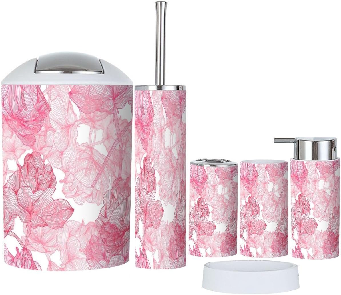 Elegant Pink Roses Bathroom Accessory Set 6 Piece
