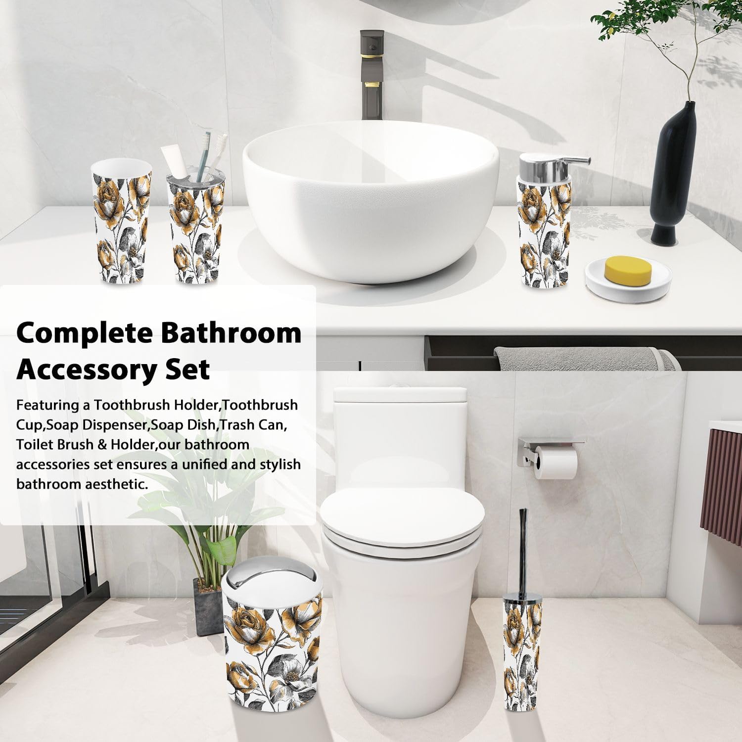 Boho Gold Rose Bathroom Accessory Set 6 Pieces