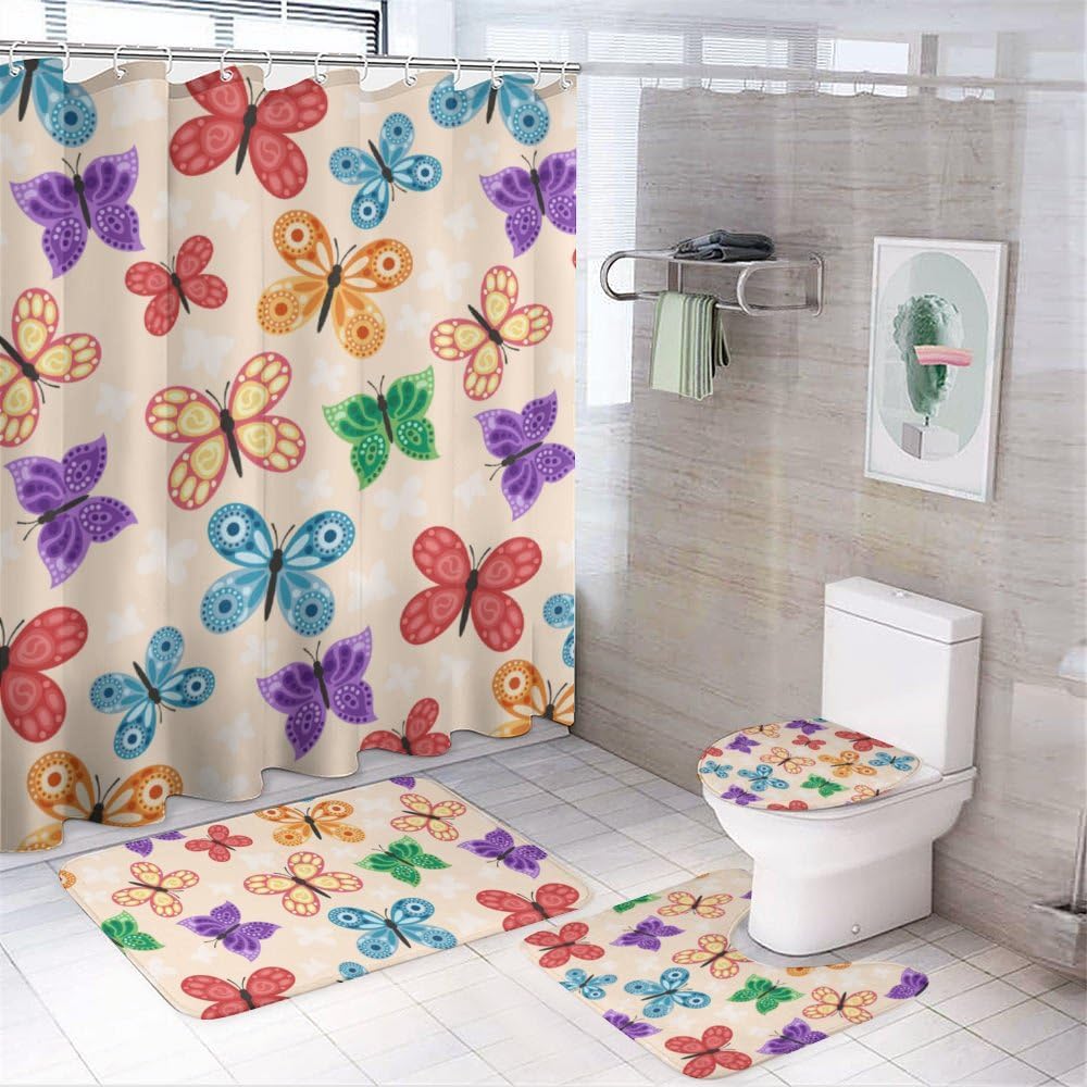 Kuizee 4-Piece Butterfly Shower Curtain Set with Non-Slip Bath Rugs