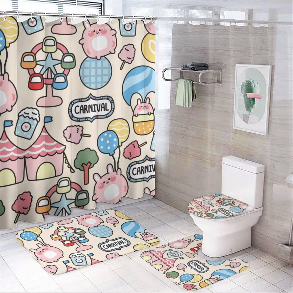 Kuizee Cute Fat Rabbit Shower Curtain Set with 4 Rugs