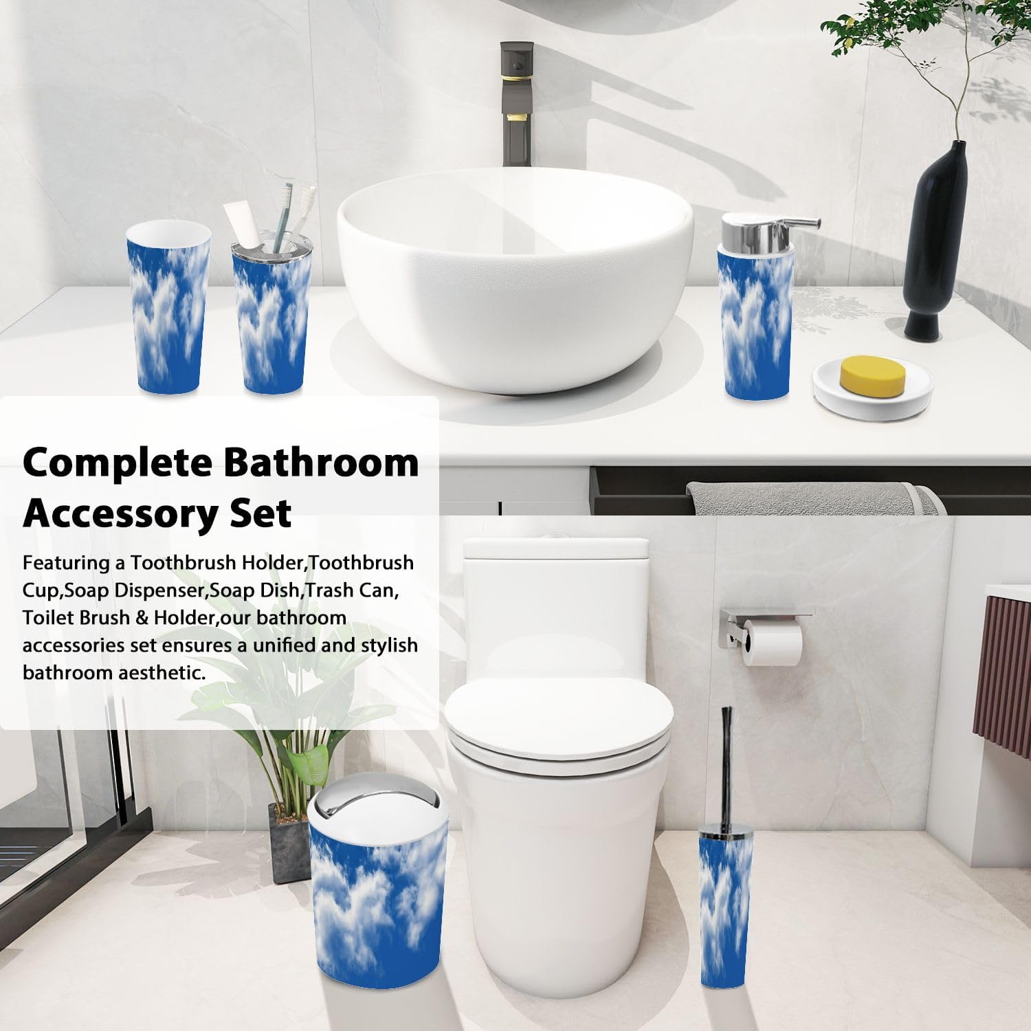 Boho Blue Sky Bathroom Accessory Set 6 Piece