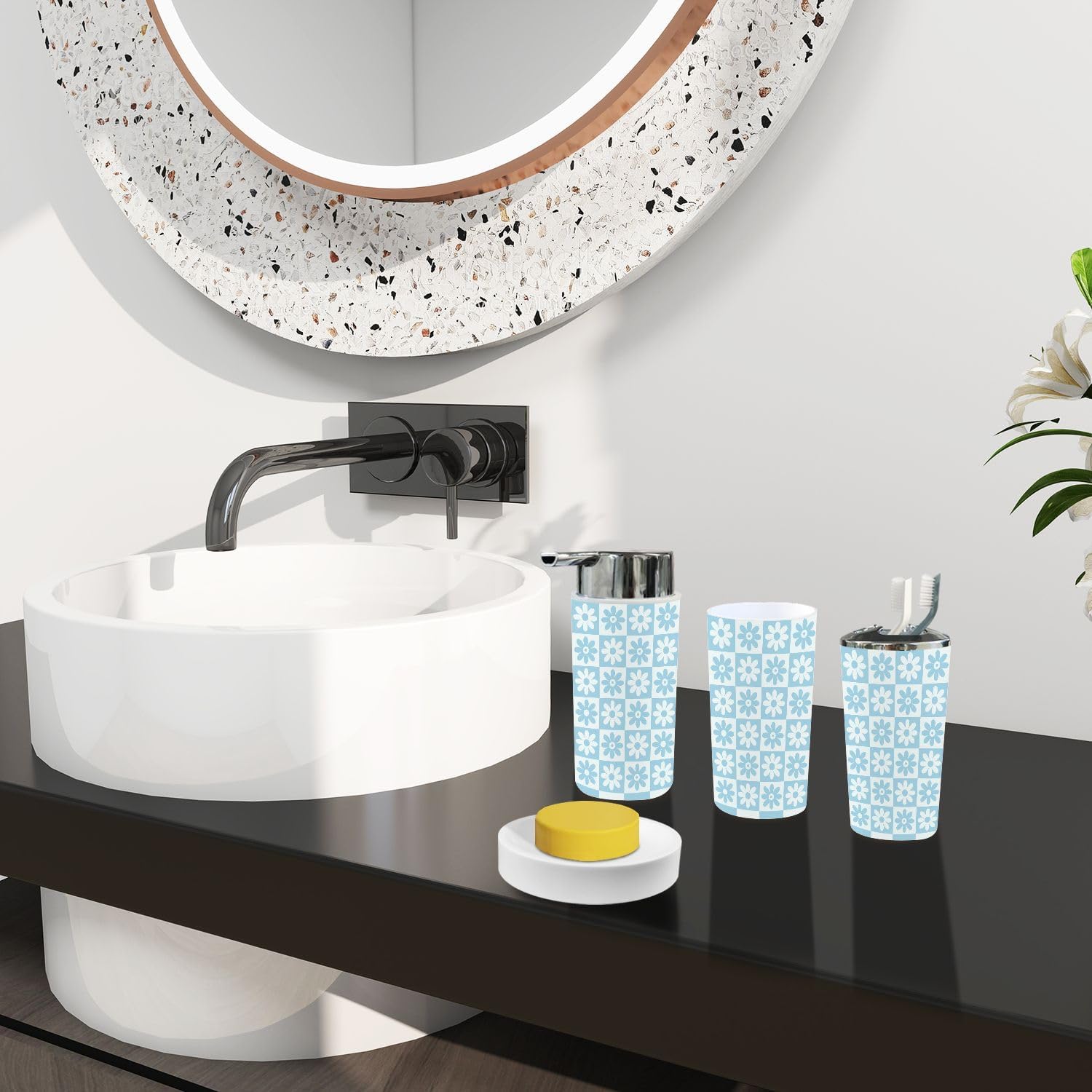 Boho Light Blue Checkered Bathroom Accessory Set 6 Piece 1