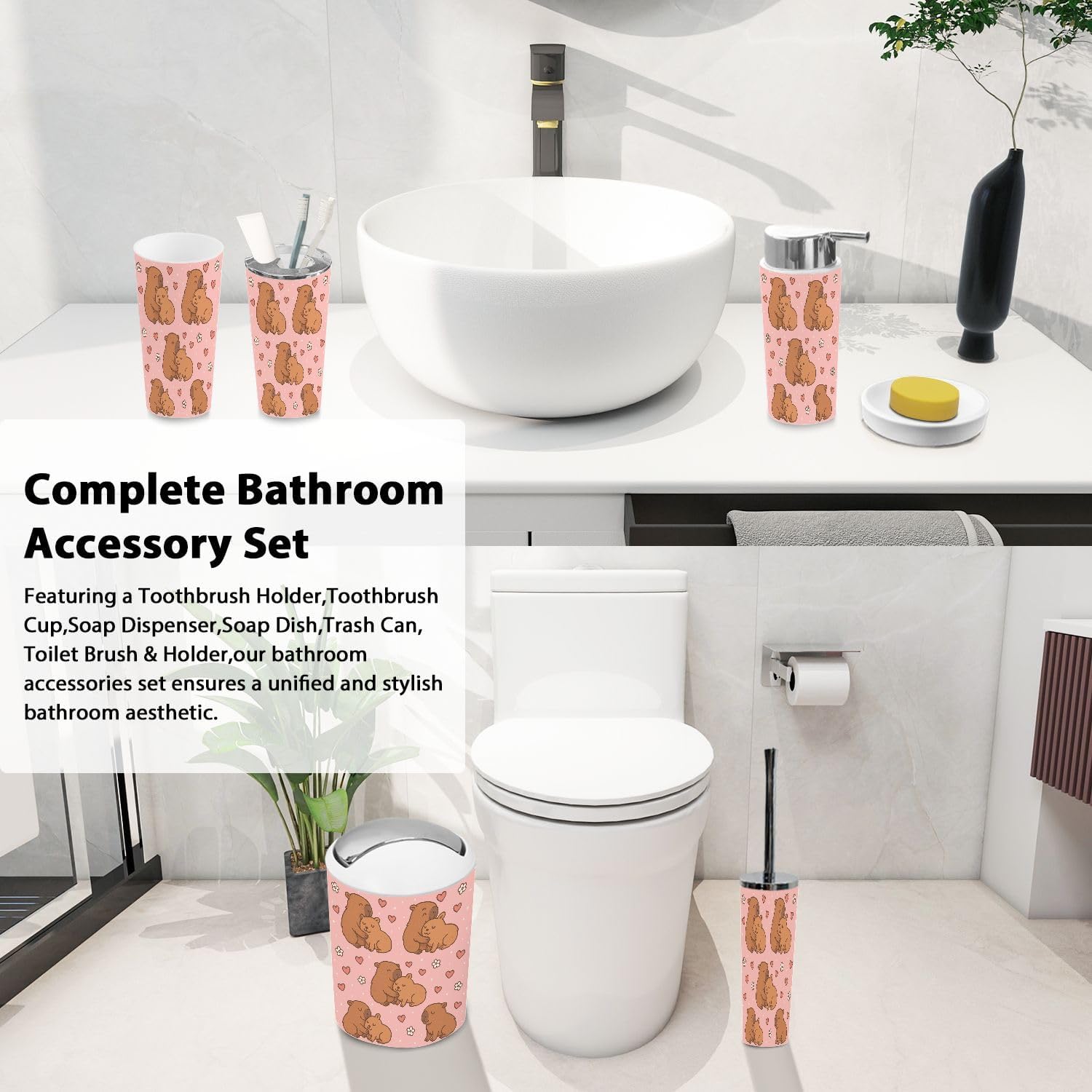 Boho Cute Hugging Capybaras Bathroom Accessory Set 6 Piece