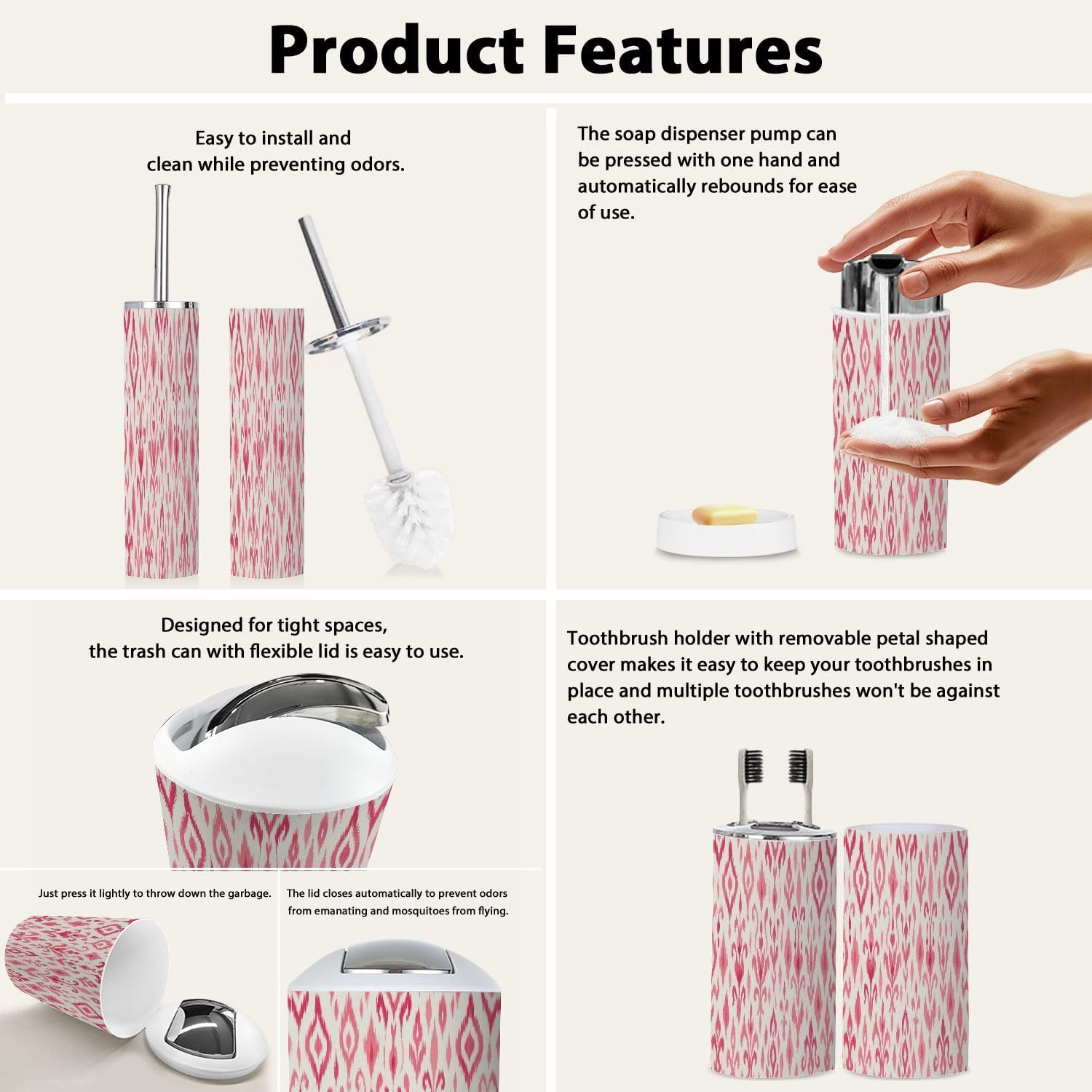 Boho Bathroom Accessory Set 6 Piece Ikat Design
