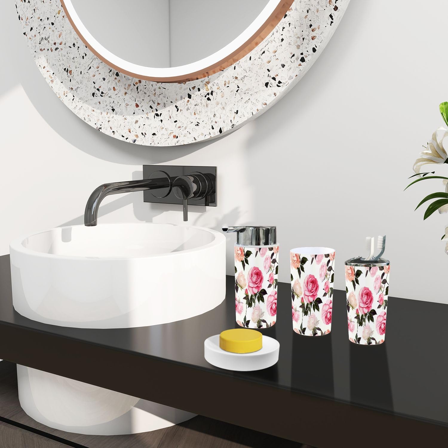Boho Peony Roses Bathroom Accessory Set 6 Piece