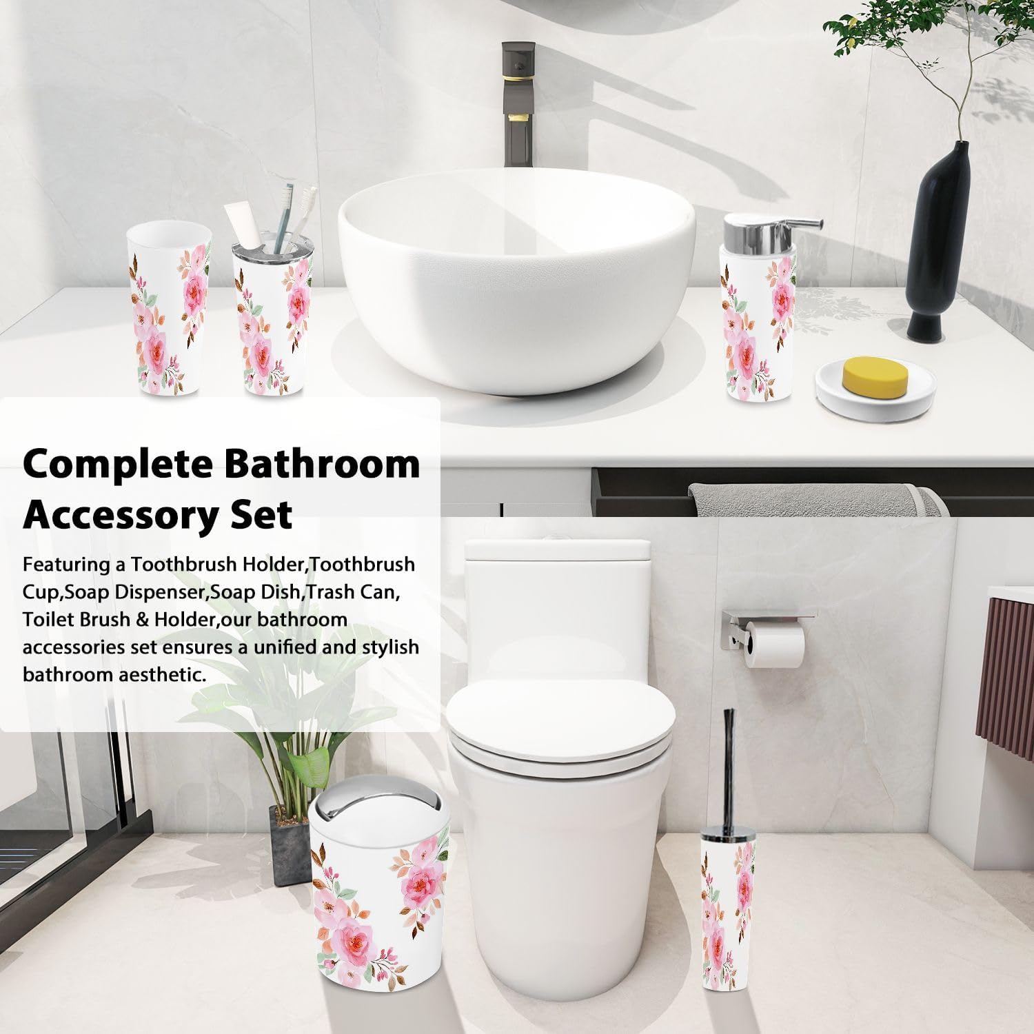 Boho Peach Rose Flower Bathroom Accessory Set 6 Piece