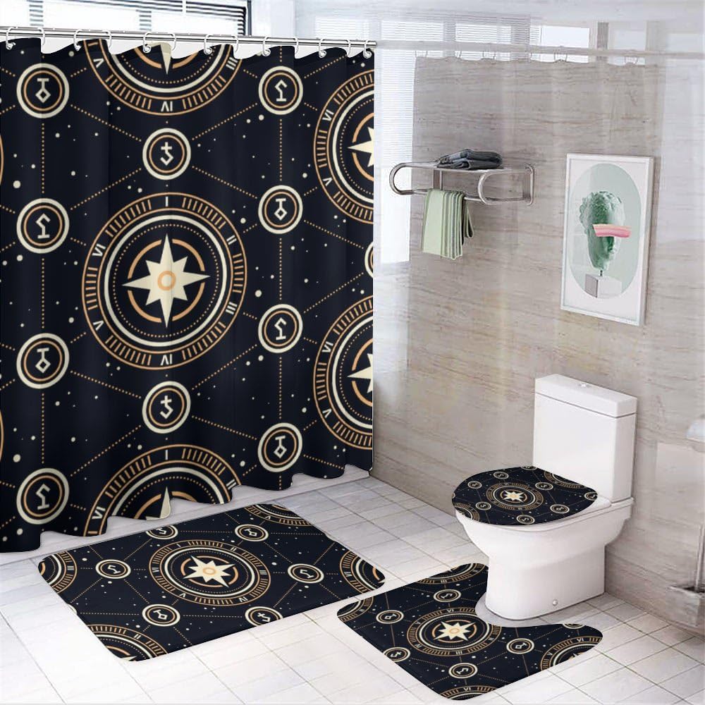 Kuizee 4-Piece Space Stars Shower Curtain Set with Non-Slip Rugs