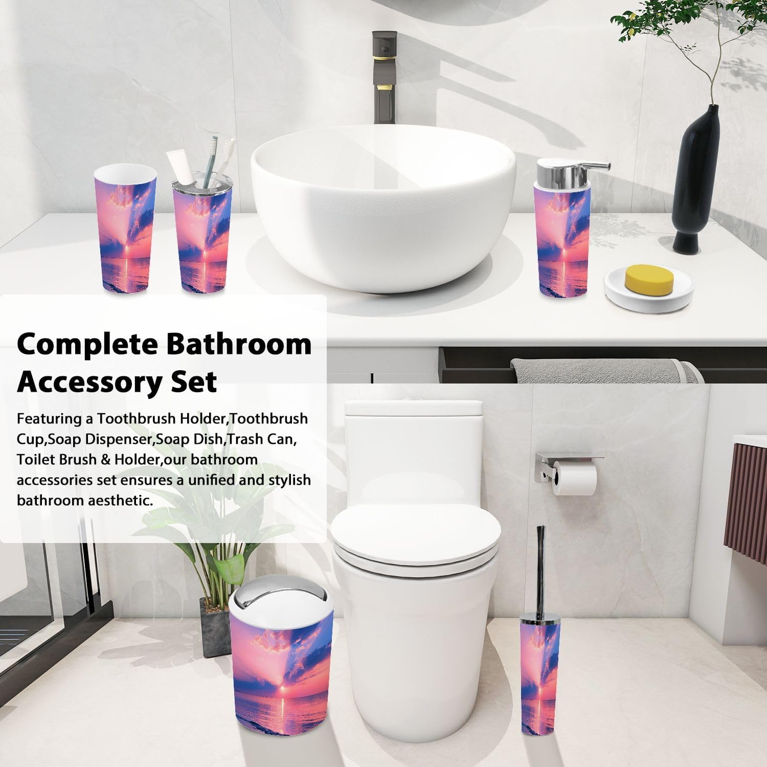 Boho Pink Bathroom Accessory Set 6 Piece 1