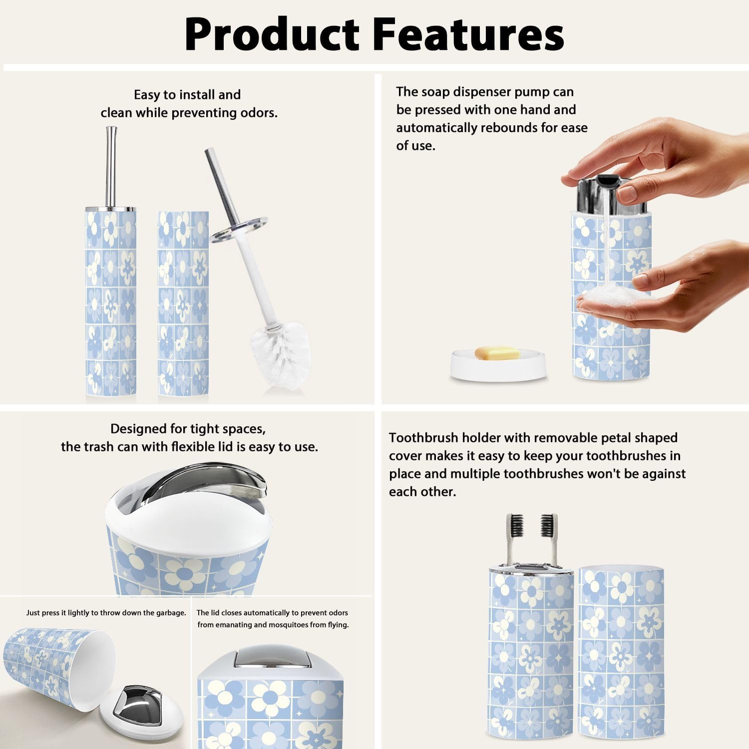 TRANQDEHOM 6-Piece Boho Trash Can Set for Bathroom