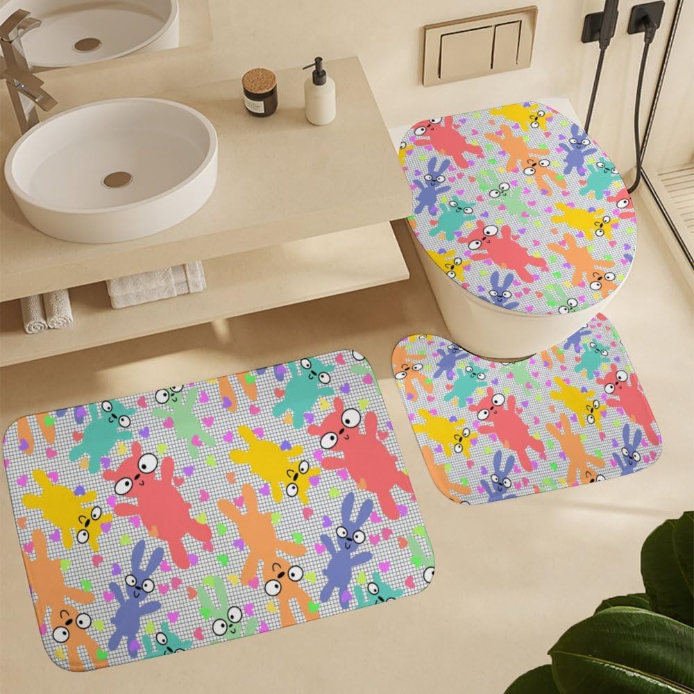 Kuizee Cartoon Animals Shower Curtain Set with 4 Piece Rugs