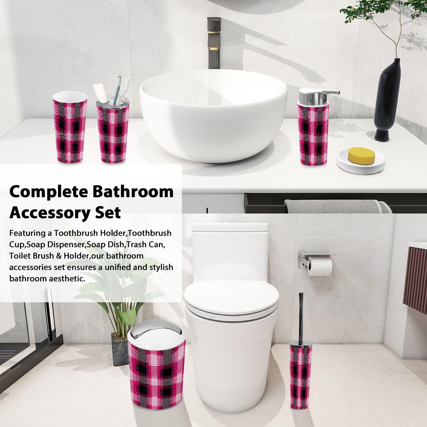 TRANQDEHOM 6-Piece Boho Pink Bathroom Accessory Set